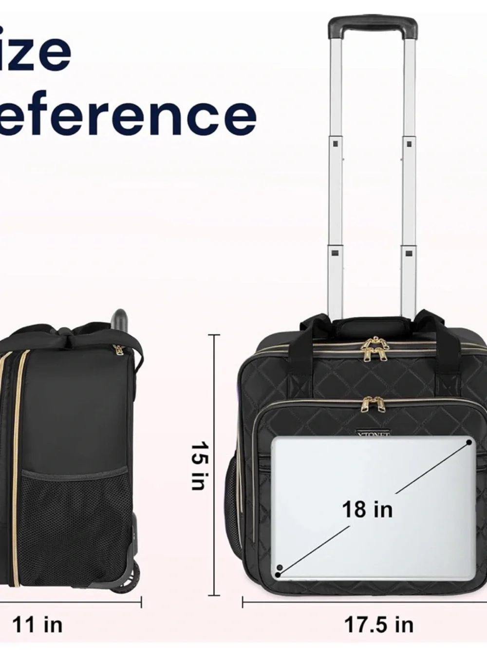 Quilted Black Travel Rolling Briefcase With Gold Zippers YTONET